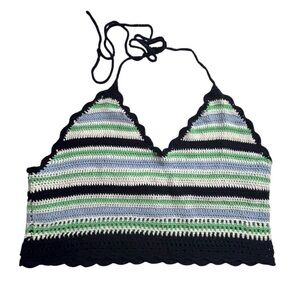 Aerie Women's L Multicolor Striped Crochet Halter Crop Top Summer y2k